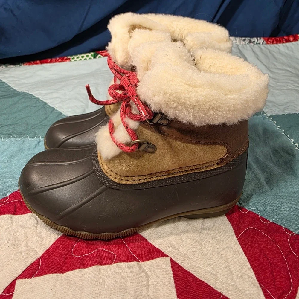 Sperry Saltwater Duck Boots Kids Size 10 Brown Tan Faux‎ Fur Waterproof Zip